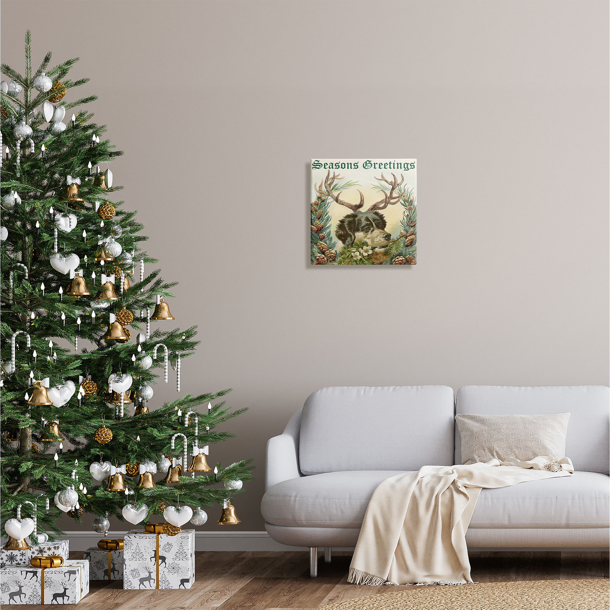 Stupell Industries Seasons Greetings Dog Wearing Antlers Botanical Border Graphic Art Gallery Wrapped Canvas Print Wall Art, Design by Alicia Longley