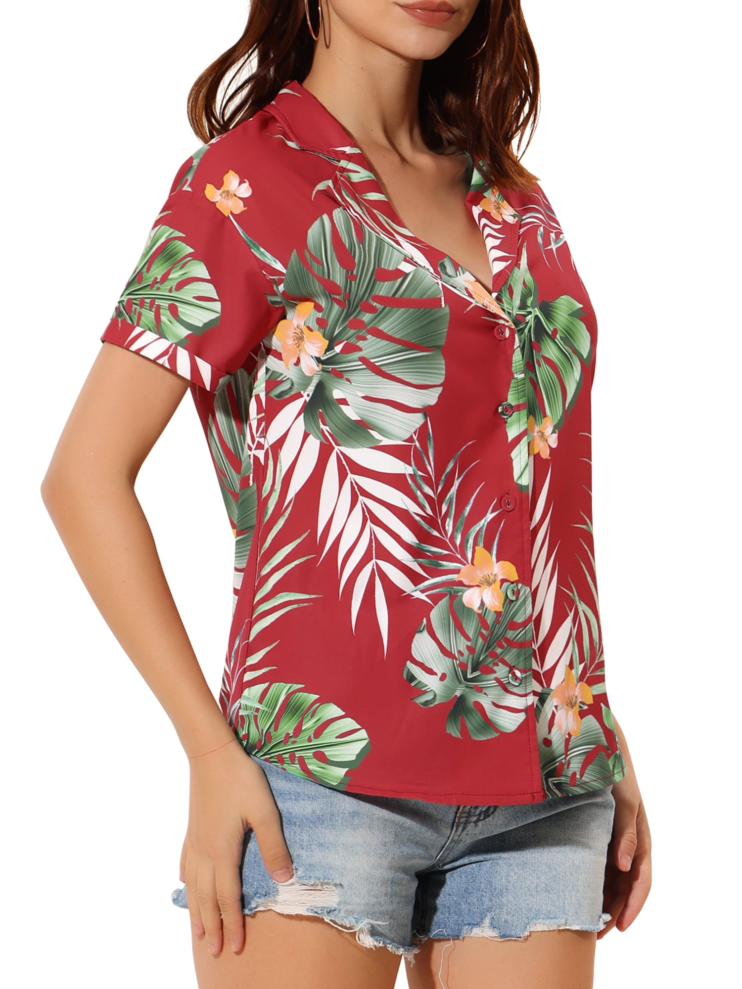 DARING DIVA Floral Leaves Print Short Sleeve Beach Top S Red
