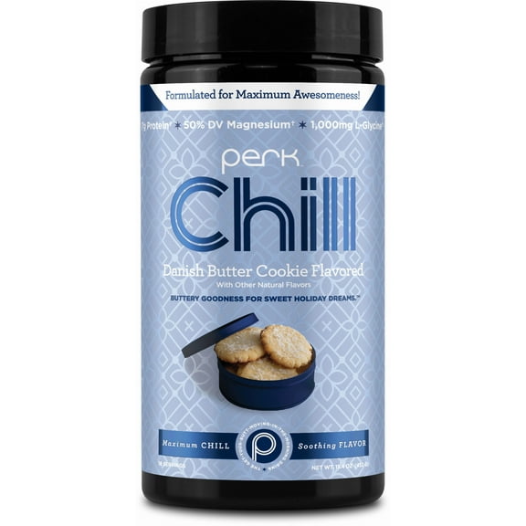 Perk Chill Original Drink Mix (18 Servings) Danish Butter Cookie - Holiday Edition - 7g of Protein, 50% DV Magnesium, 1,000mg L-Glycine, Gluten-Free, Peanut-Free, Soy-Free