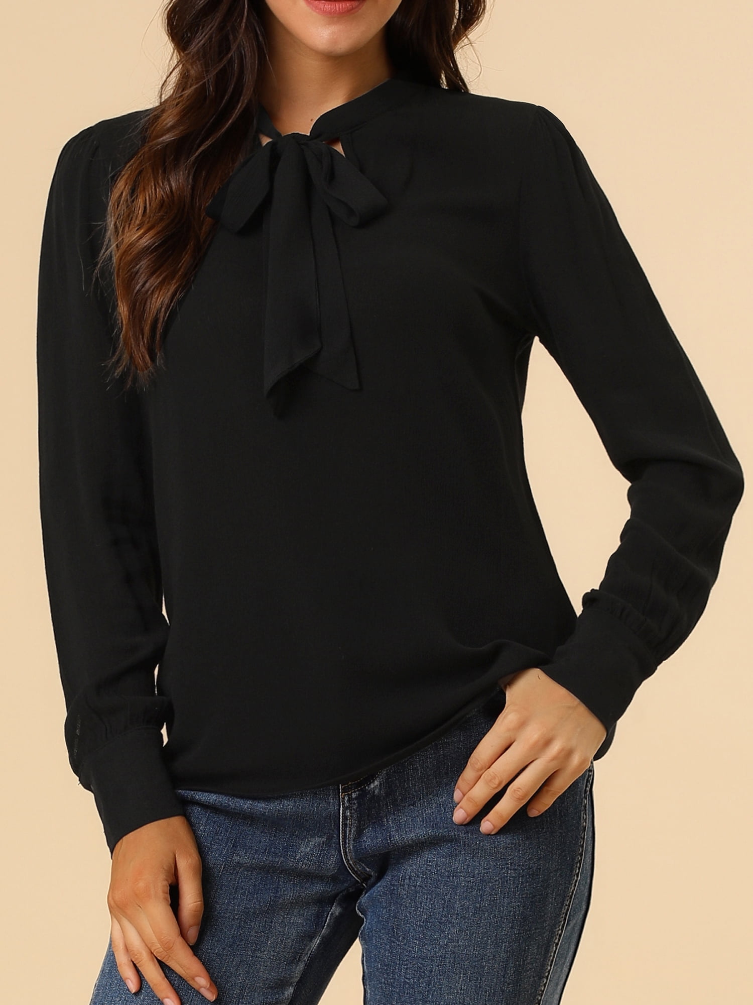 Unique Bargains Women's Bow Tie Neck Elegant Long Sleeve Solid Work Blouse XL Black