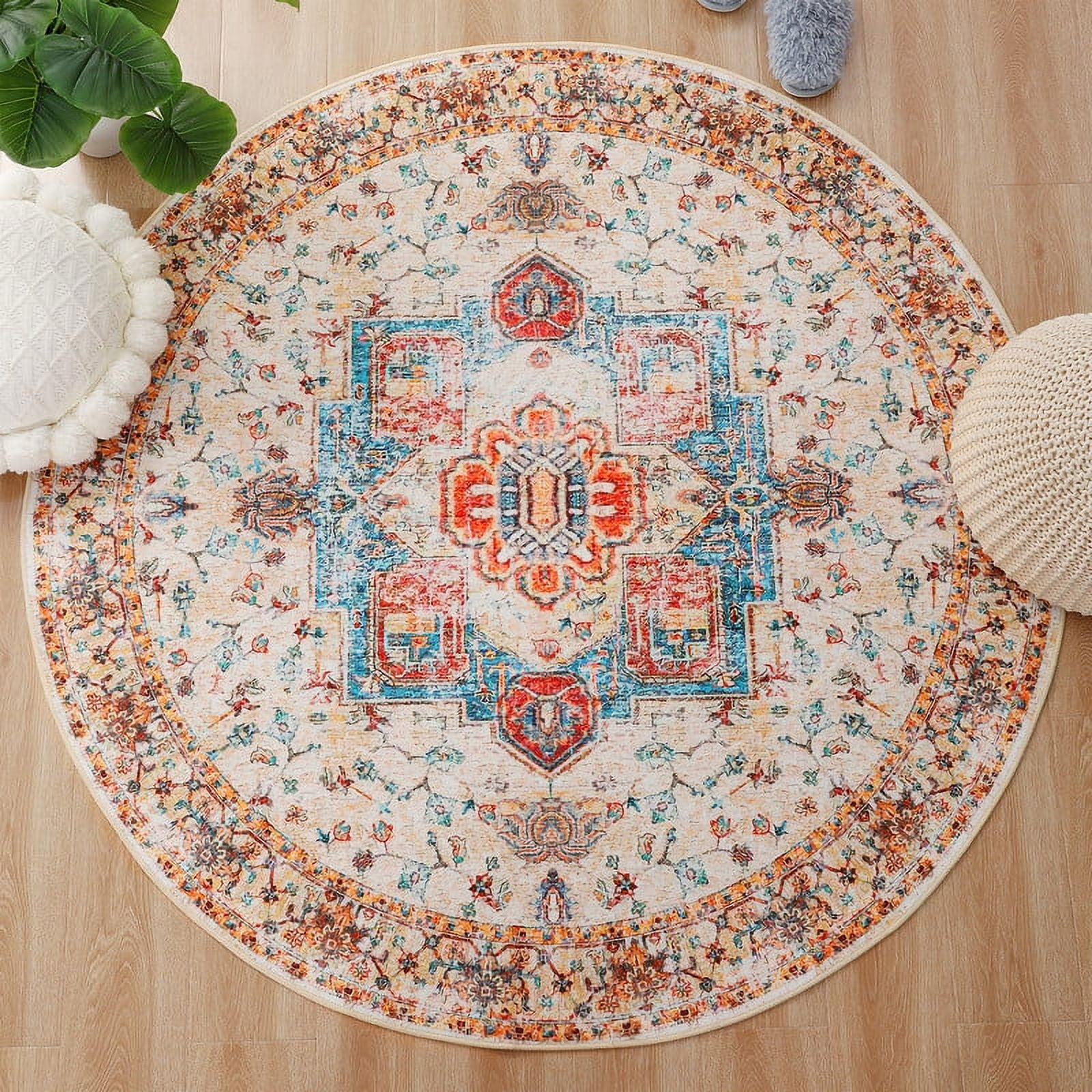 YJ.GWL Round Rugs Soft Vintage Circle Area Rug Low-Pile Floor Carpet for Living Room Bedroom Nursery Bathroom Kitchen Indoor,4Ft,Orange