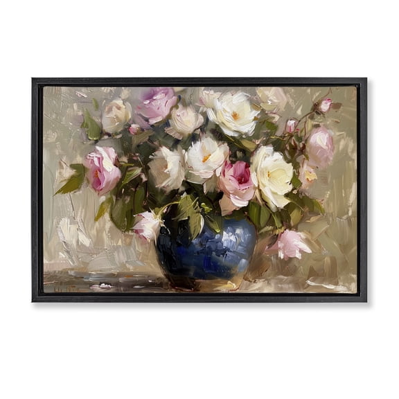 Stupell Industries Victorian Painterly Vase of Roses Black Floating Frame Canvas Art, 25 x 17, by LSR Design Studio