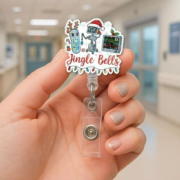 TiniDecor Jingle Bells Robot Nurse Badge Reel, Retractable ID Holder, Cute Christmas Gift for RN
