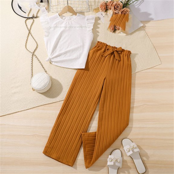 MKOSPLRT Going Out Outfits for Girl 8-13 Years Flying Sleeve Lace Shirts Elastic Waist Ribbed Knit Wide Leg Pants Cute Set Two Piece