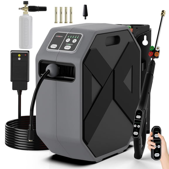 Wall Mounted Pressure Washer - 5000 PSI, 3.6 GPM Electric Power Washer with 100FT Retractable Hose, 5-Stage Adjustable Pressure, Foam Cannon & 5 Nozzles for Car, Lane, Patio Cleaning, Grey