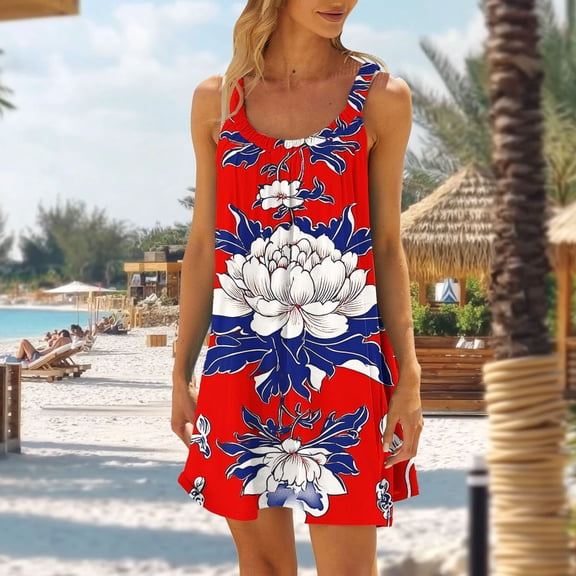 Roncen Women's Summer Dress 2026 Sleeveless Floral Boho Sundress Swimsuit Coverup Casual Loose Beach Vacation Tank Dresses