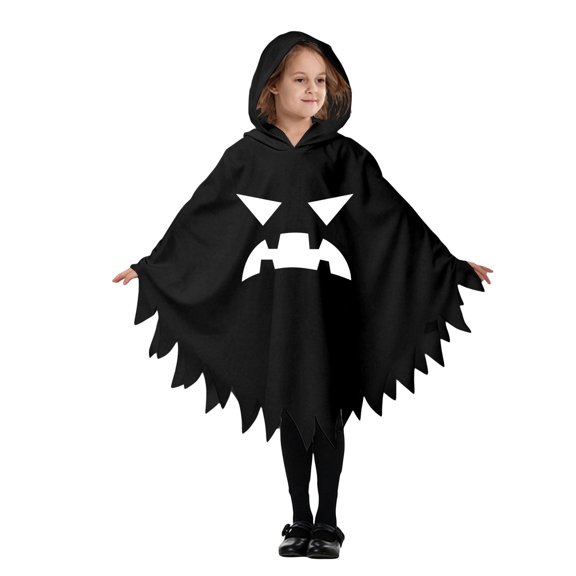LILIYA Halloween Party Outfit Cloak, Hooded Skeleton Cape Cos Wear Spooky Ghost Print Irregular Lightweight for Children Trick-or-Treating Gatherings
