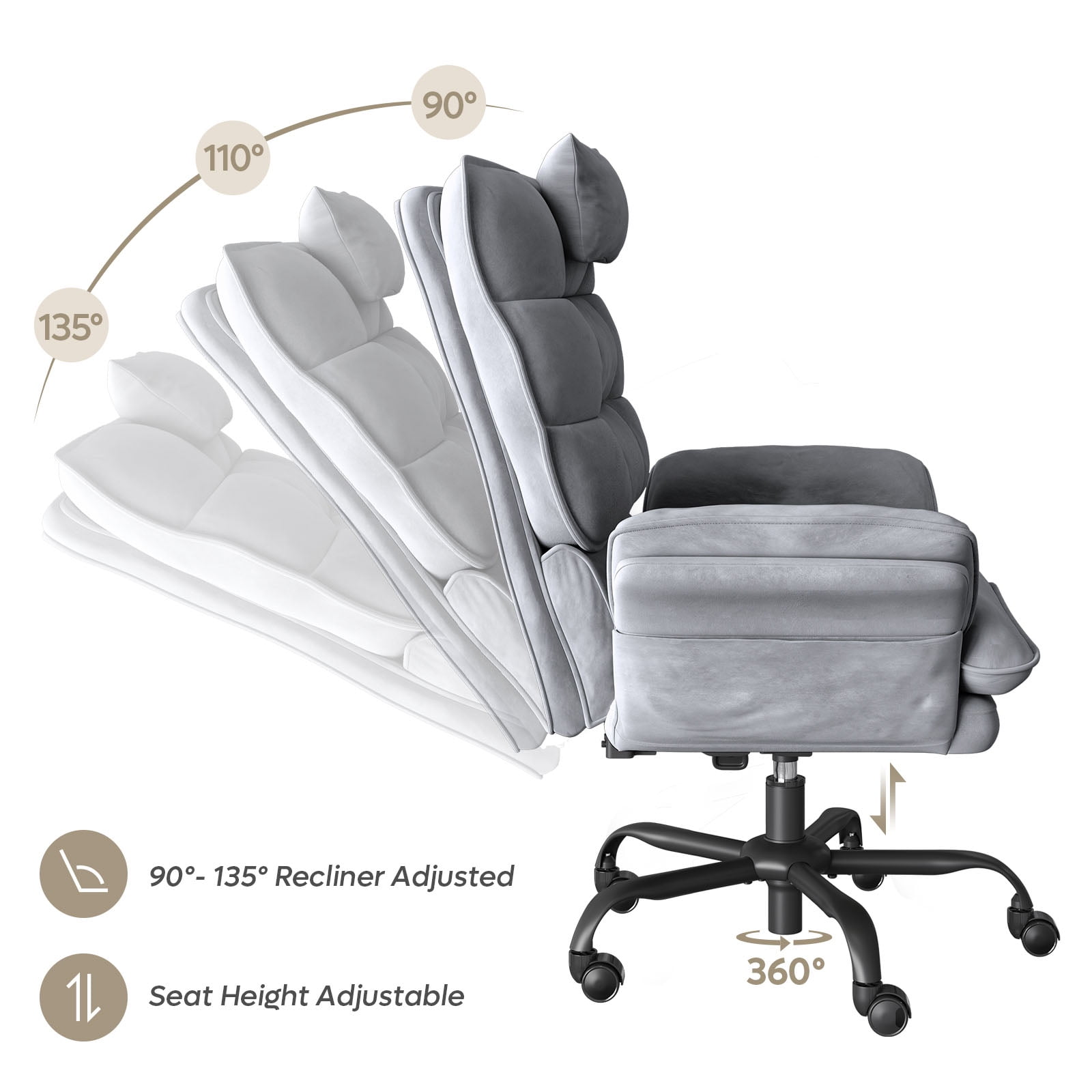 Bestier Big and Tall Executive Office Chair with Flip-Up Arms for Adults, Adjustable Height, Reclining Office Chair with Headrest & Side Pockets in Grey