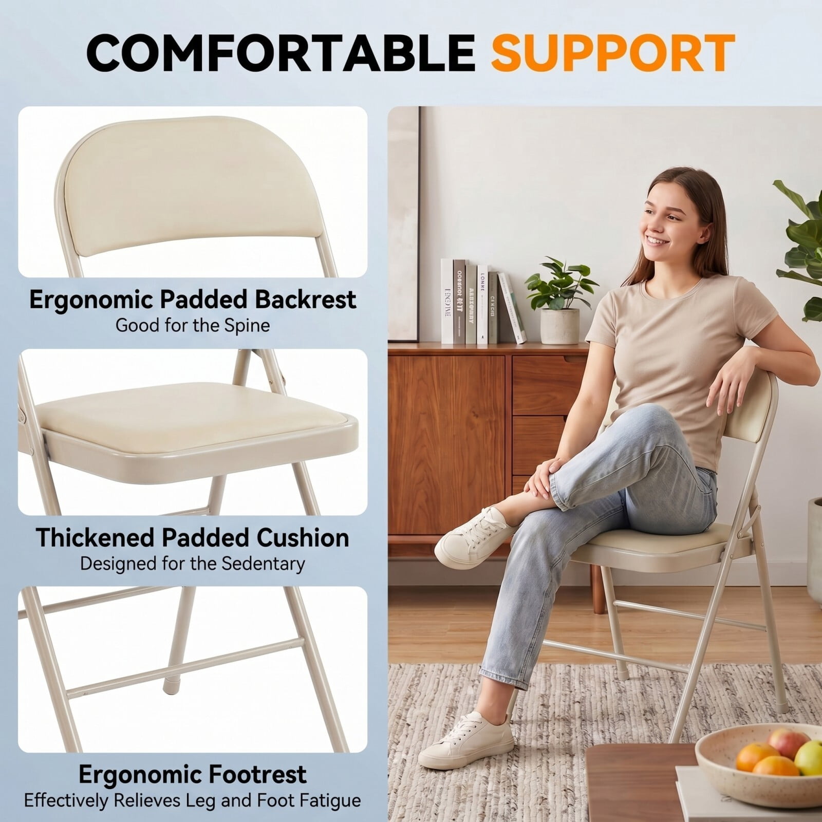 Kelno Folding Chair Set of 4 PU Leather Padded Guest Chairs with Lightweight Sturdy Metal Frame, Khaki