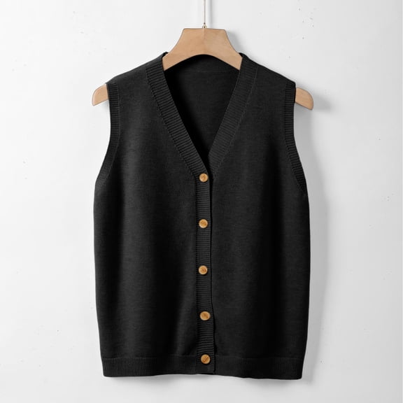 Sweater Vest Women V Neck Button Down Sleeveless Knit Cardigan Vest (Black XXL)