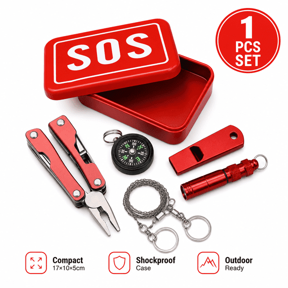 Emergency Survival Gear Kit Multi Tool for Outdoor Camping, Red, 1Pcs