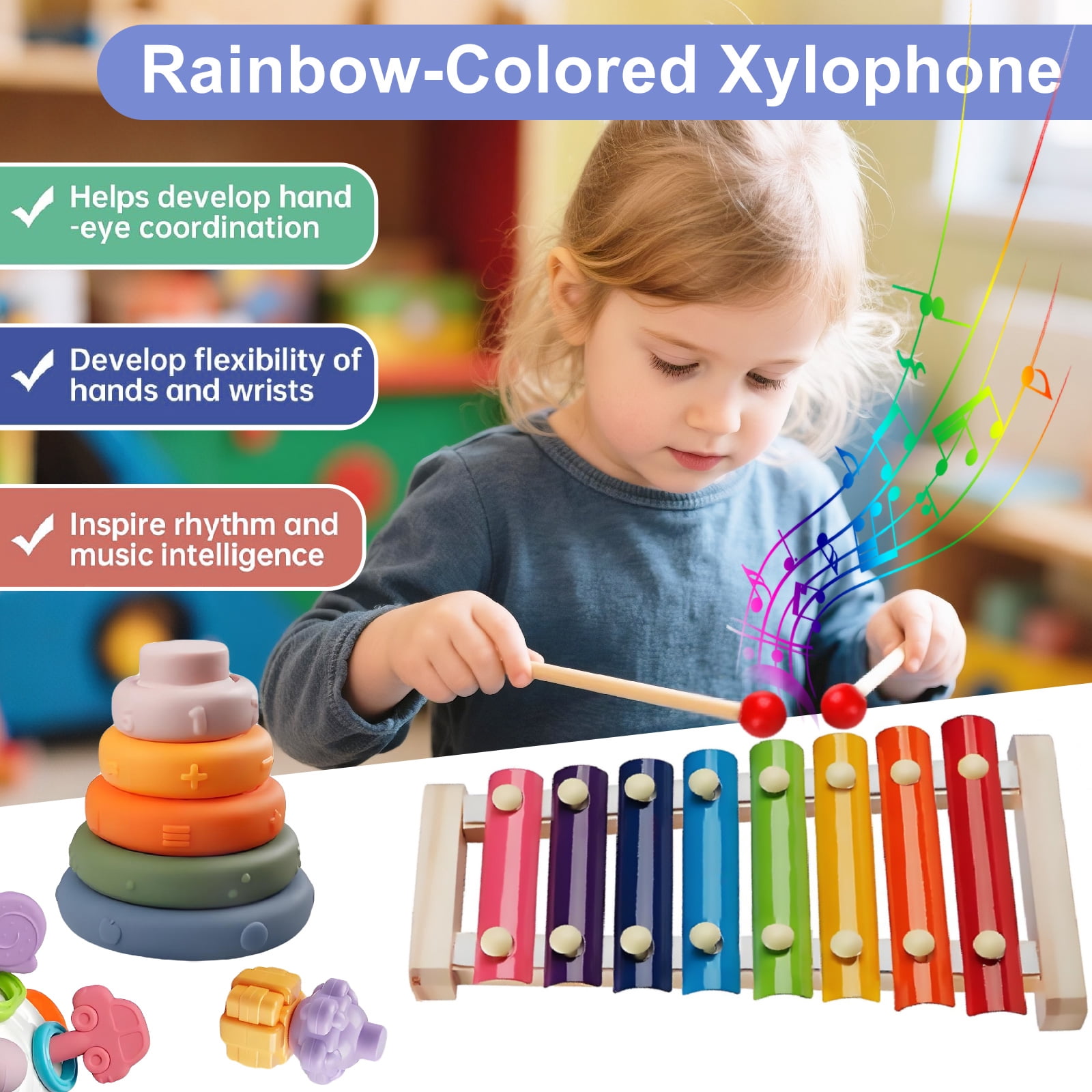 Rirool 6-in-1 Montessori Baby Toys for 1 Year Old, Wooden Stacking Blocks, Shape Sorter, Xylophone, Teething Toys for Babies 6-12 Months, Toddler Learning Gift