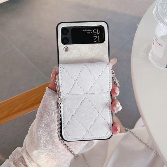 Crossbody Wallet Case Compatible with Samsung Galaxy Z Flip 4 2022 with Lanyard Leather Shockproof Girly Case-White