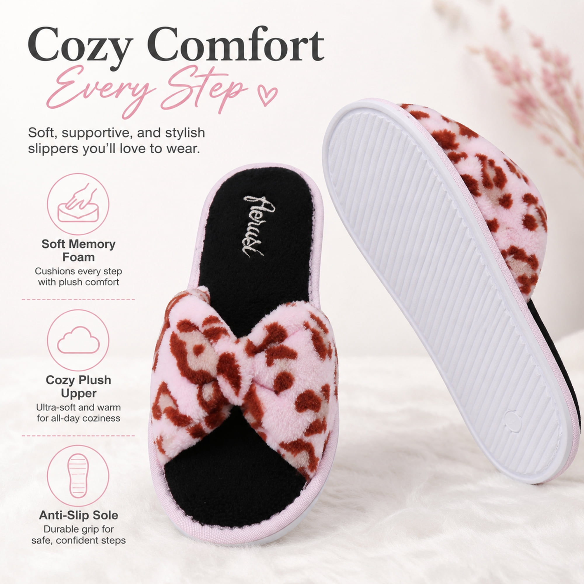 Leopard Style Memory Foam Woven Non-Slip Indoor Cozy Pom Knit Spa Women Slippers