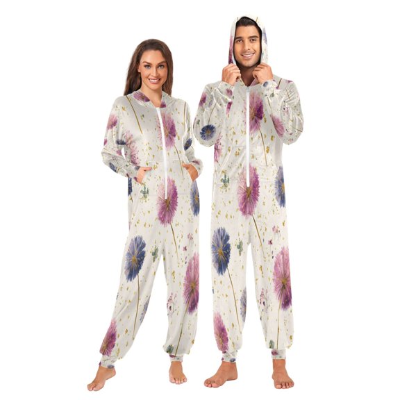 1 Piece Adult Onesie Pajamas Cozy & Loose-Fit Sleepsuit Loungewear with Pockets Pink and Purple Dandelions X-Small