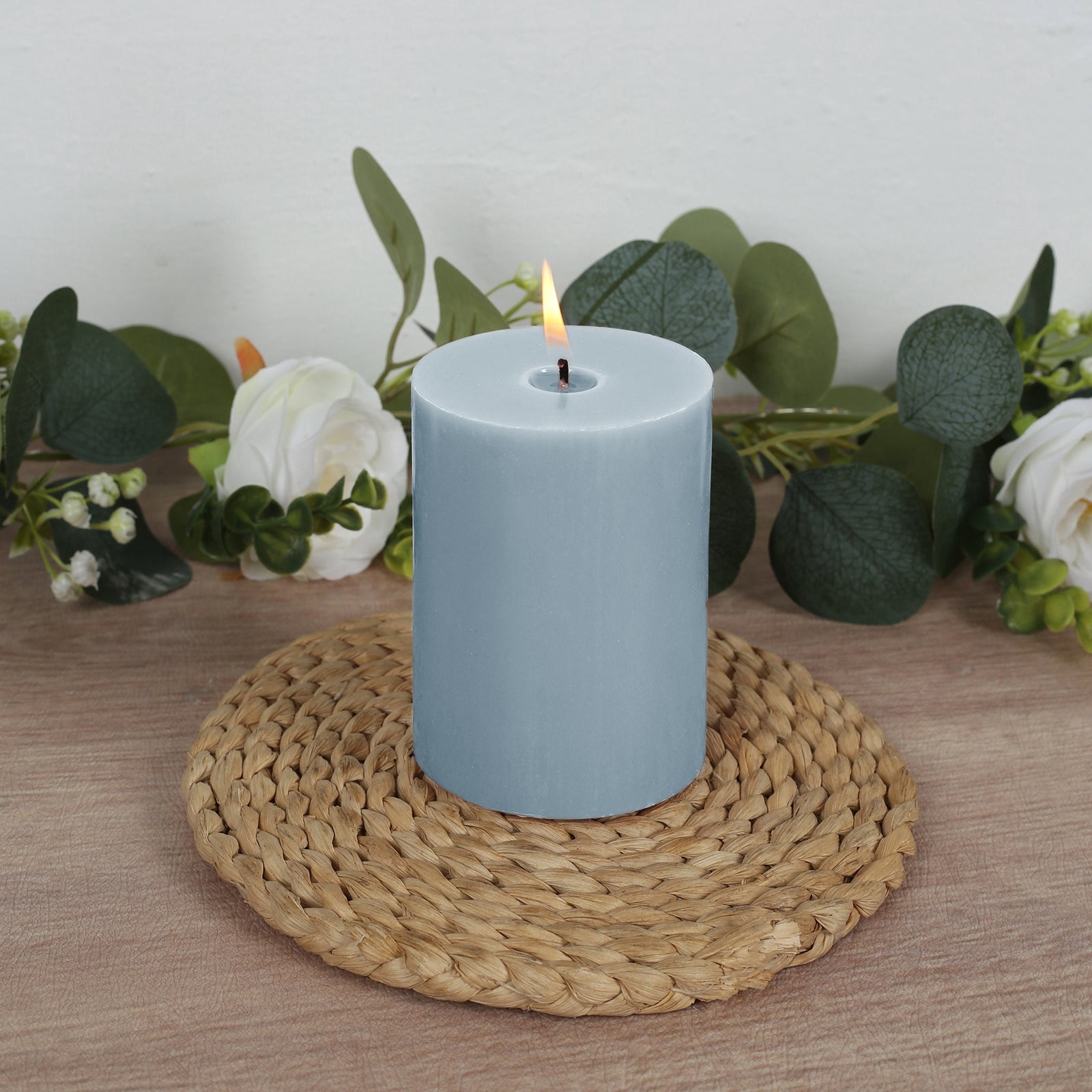 Efavormart 12-Pack Unscented Pillar Candles – Dripless 3"x4" Dusty Blue Paraffin Wax with Smokeless Cotton Wicks, Clean & Long-Lasting Burn for Weddings, Home & Event Decor