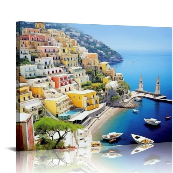 Nawypu Canvas Prints - Positano, Amalfi Coast, Italy On Canvas Modern Wall Art Pictures for Home Decoration (20X16 Inch, Framed)