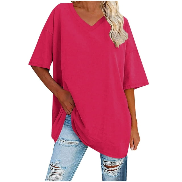 Plebaso T-Shirts Oversize pour Femmes Col en V Manches Mi-Longues Tee-Shirts Décontractés Confortables Tops Amples pour Femmes