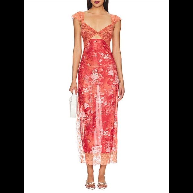 Vestidos Largos de Verano Y2K con Encaje, Retazos, , Estampado Floral, Escote Corazón, Espalda Descubierta y Abertura para Mujer Color Naranja M