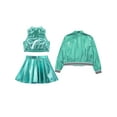 thumbnail image 4 of TSSOE Girls Metallic Dance Outfits Sparkly Hip Hop Jazz Dance Crop Top Bomber Jacket and Skater Skirts Set Lake Blue 14, 4 of 5