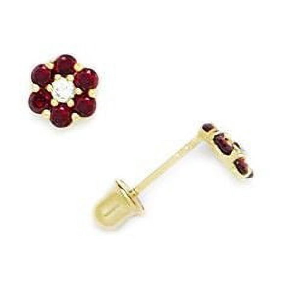 14k Yellow Gold January Red CZ Large Flower Screw-Back Earrings - Measures 5x5mm