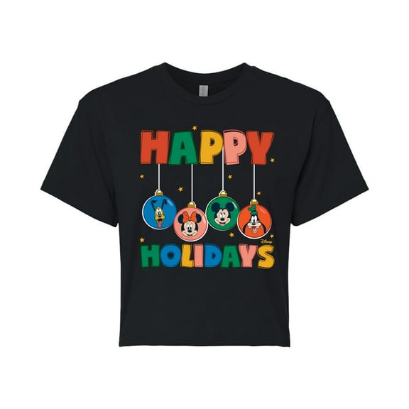 Disney - Happy Holidays Ornament Heads - Juniors Cropped Cotton Blend T-Shirt