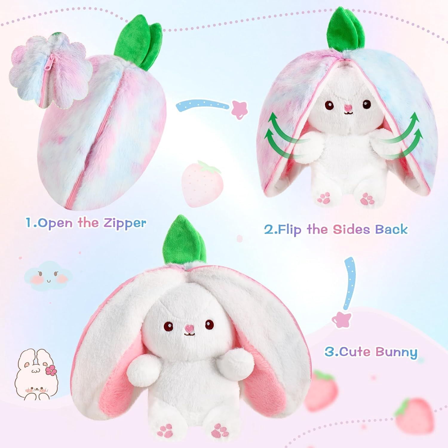Kawaii Squishy Cute Easter Bunny Plush Turn Into Rabbit Fruit Doll Carrot Strawberry Pillow, Plushies Funny Bunny Toy for Baby