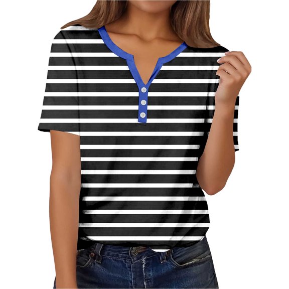 Cute Shirts For Women V Neck Short Sleeve Stripe Print Dressy Casual Button Tunic Tops Lightweight Soft Summer Blouses Pullover Outfits Blue L