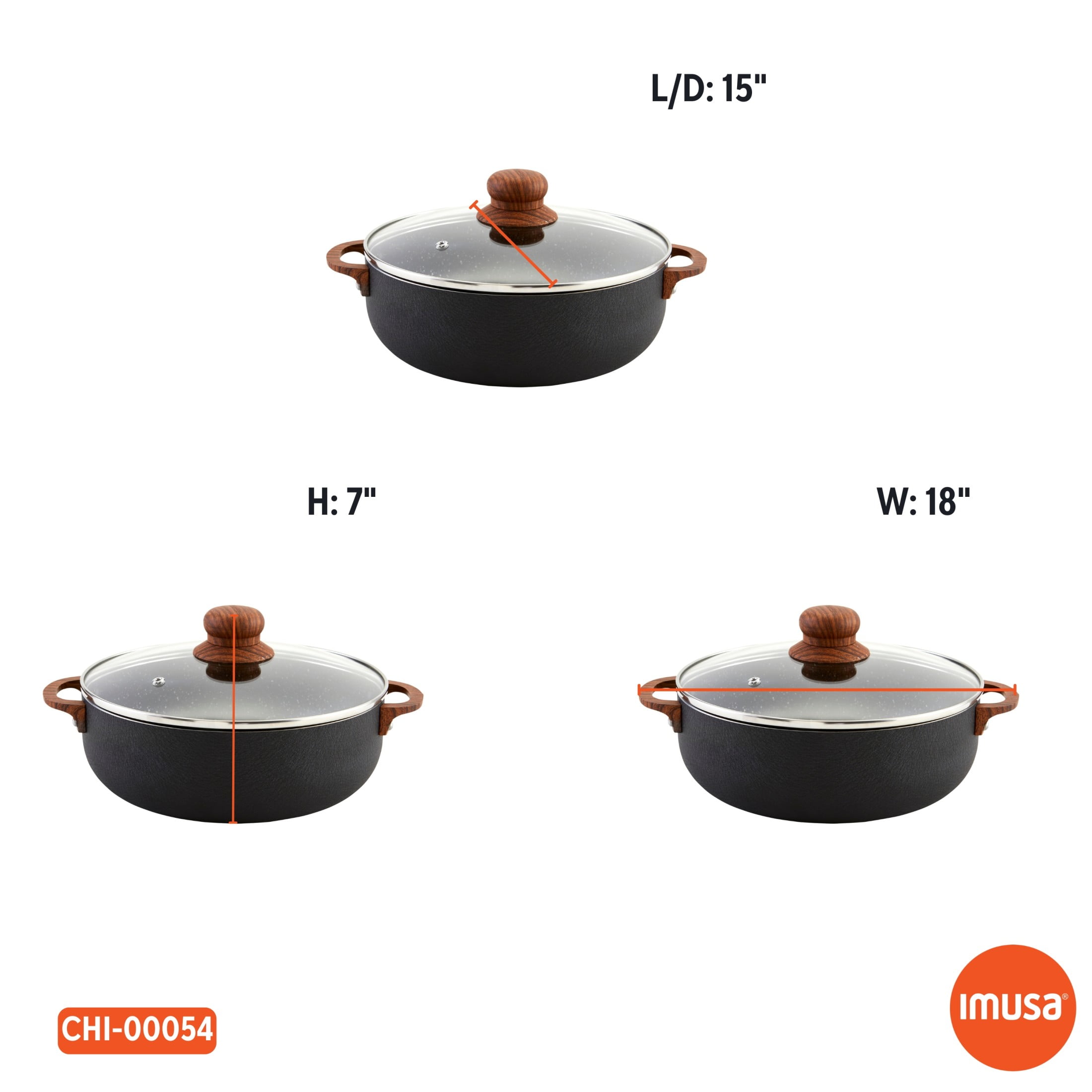 IMUSA 13.5qt Black Stone Aluminum Speckled Nonstick Caldero with Glass Lid & Wood Look Handles, Black