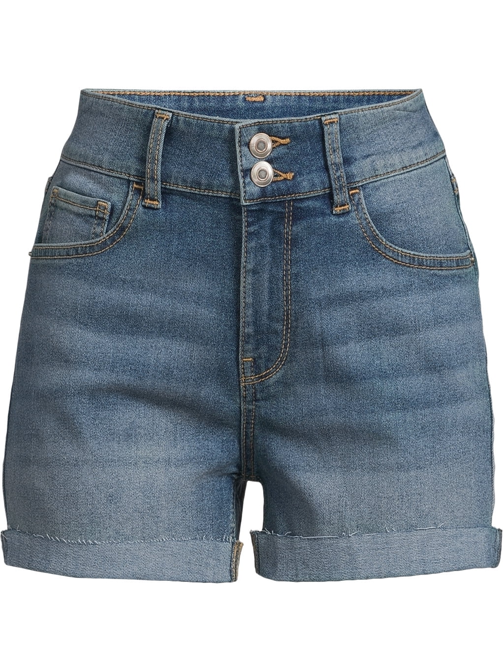 No Boundaries Juniors’ Mid Rise Double Button Denim Shorts, 4” Inseam, Sizes 1-21