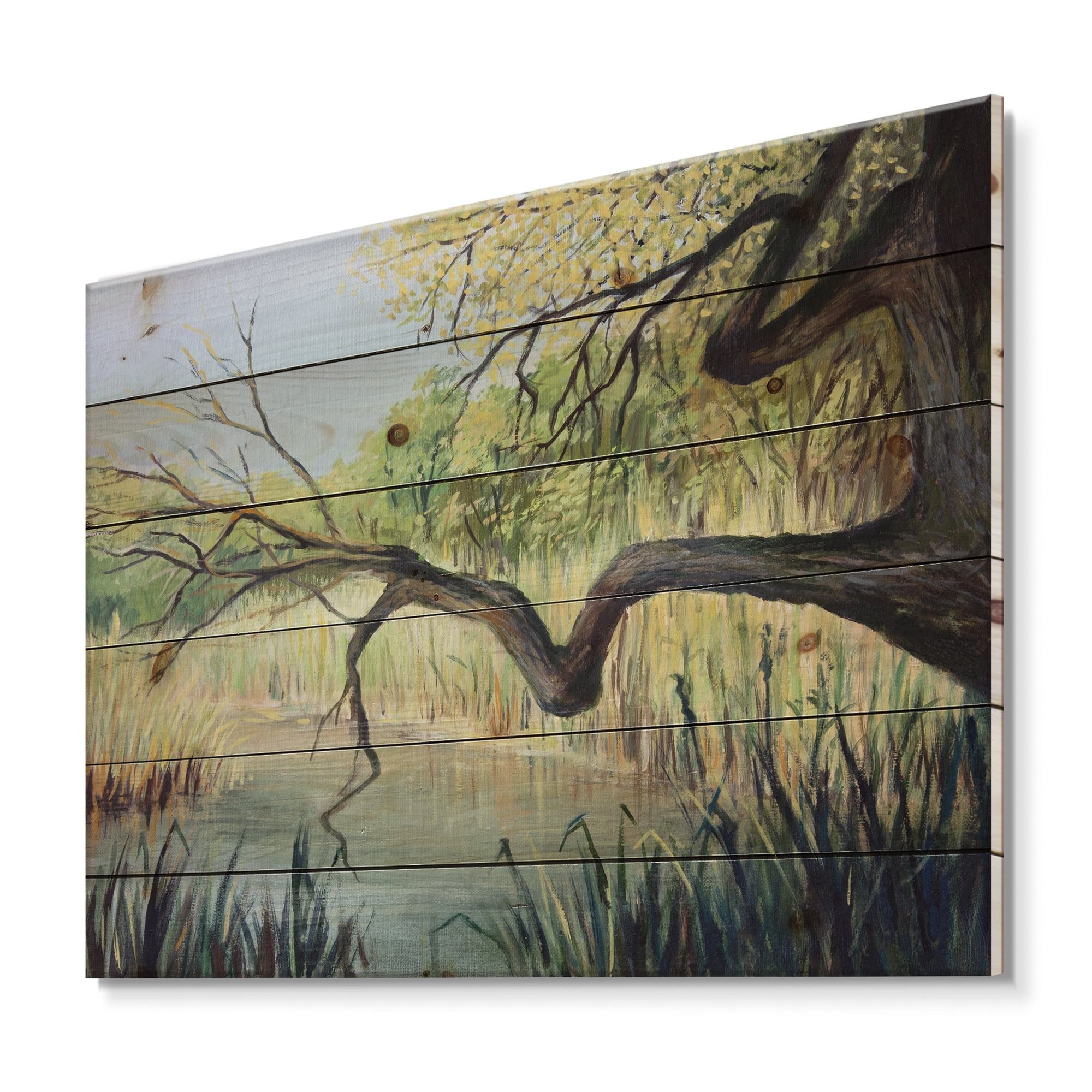 Designart 'The Lake of Silence From The Tree' Lake House Print on Natural Pine Wood