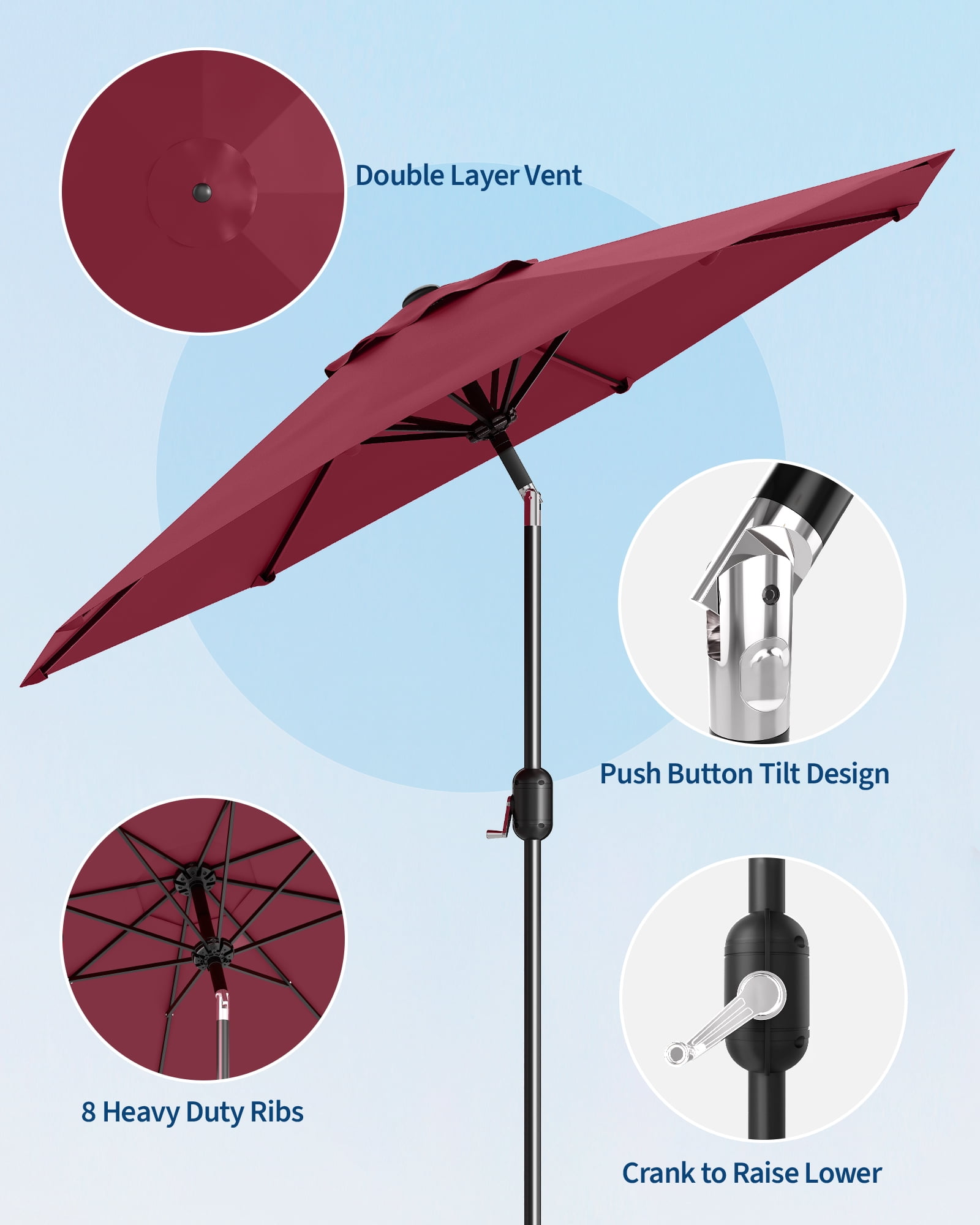9FT Outdoor Patio Umbrella with Push Button Tilt and Crank, Market Umbrella 8 Sturdy Ribs UV Protection Waterproof Heavy-Duty Pool Umbrella for Deck, Backyard,Garden