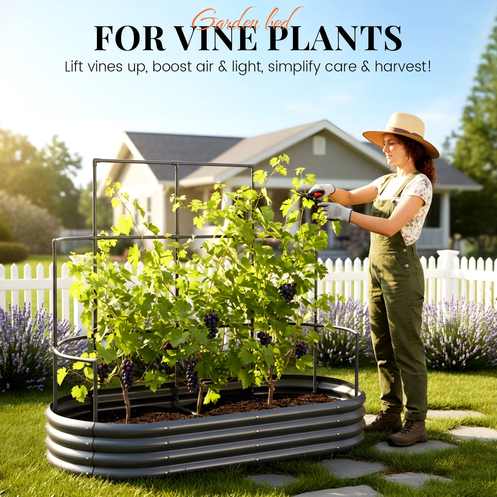 KING BIRD 6x3x1 ft Raised Garden Bed with Wall Trellis Galvanized Steel Metal Planter Garden Box Outdoor for Gardening Climbing Vegetables Flowers Dark Gray