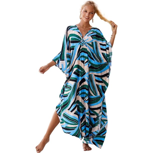 RanRui Vestidos Kaftan con estampado geométrico para mujer Caftanes Loungewear con cordón en la cintura