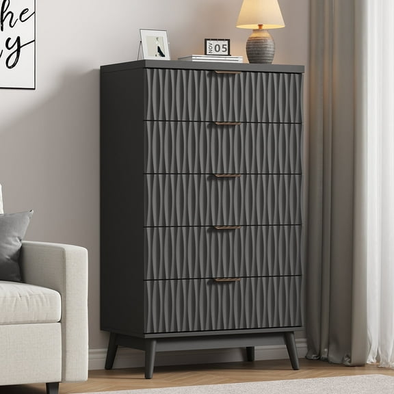 NEGYLIM 5 Drawer Dresser, Modern Country Storage Fluted Dressers, with Brushed Metal Handles, Wood Storage Organizers for Bedroom, Living Room, Black