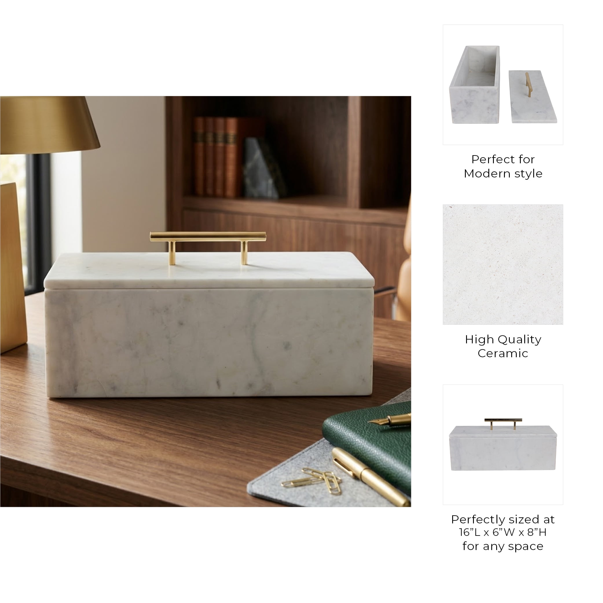 Decorative Marble Rectangular Box with Handle for Home Decor - Modern Organizer for Jewelry and Keepsake Storage - Decor Box for Bedroom, Living Room, and Shelf Accent - 8", White & Gold