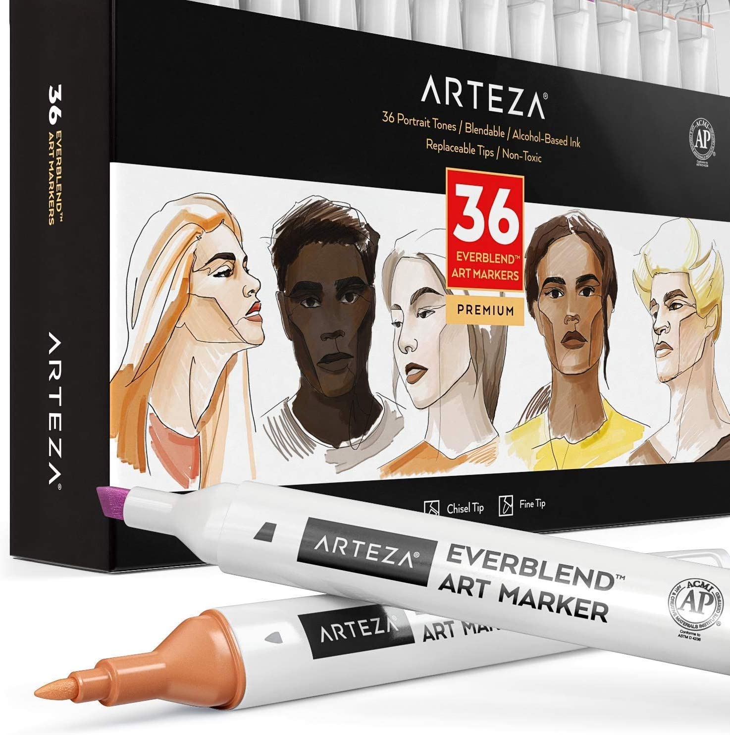Arteza Professional EverBlend Dual Tip Artist Brush Sketch Markers, Skin Tones, Alcohol-Based, Replaceable Tips - 36 Pack