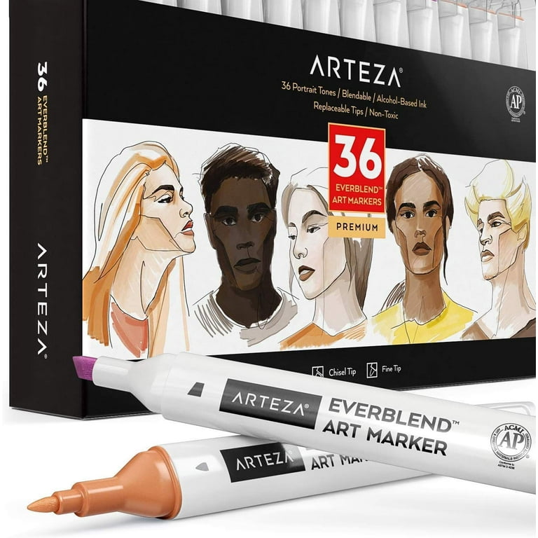 Arteza Professional EverBlend Dual Tip Artist Brush Sketch Markers, Skin  Tones, Alcohol-Based, Replaceable Tips - 36 Pack