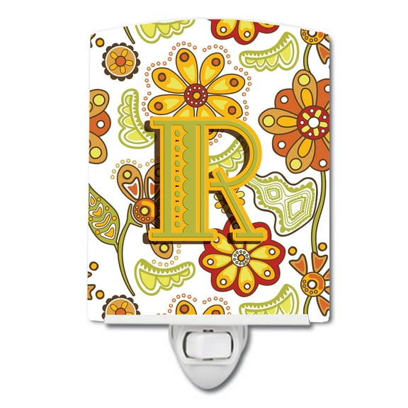 Letter R Floral Mustard and Green Ceramic Night Light