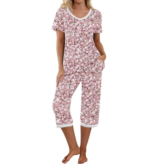 Summer Iyufng Womens Pajamas Set,Loungewear Sets,V-neck Short Sleeve Pajamas Tops and Capri Pants Casual Pajamas with Pocket,Sleepwear Sets for Women,S-XXL