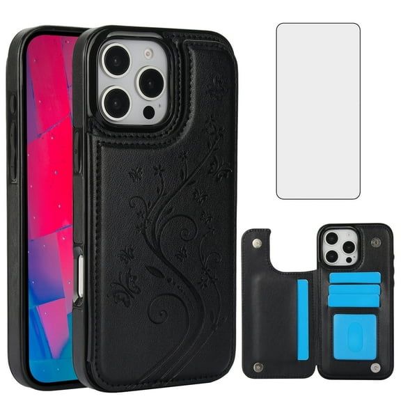 Asuwish Compatible with iPhone 16 Pro Max 6.9 inch Wallet Phone Case Tempered Glass Screen Protector and Flower PU Leather Card Holder Stand Cell Cover for i Phone16 16Pro i16 ProMax 16ProMax Black