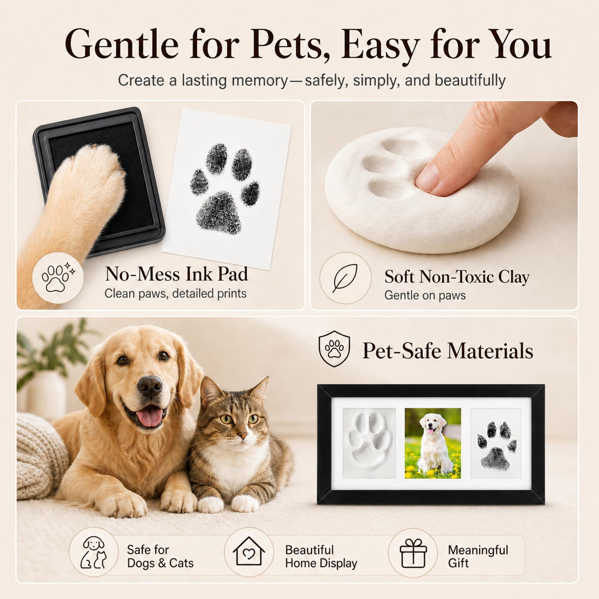 Dog Paw Print Frame Kit, Non-Toxic Clay & No Mess Ink Pad Pet Memorial DIY Gift (Black)