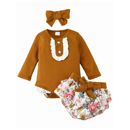 

Cindysus Girls Cute Elastic Waist 3Pcs Outfit Suit Newborn Casual Jumpsuit Top+Shorts+Headband Floral Print Party Crew Neck Layered Autumn Outfits Light Brown 6-9M