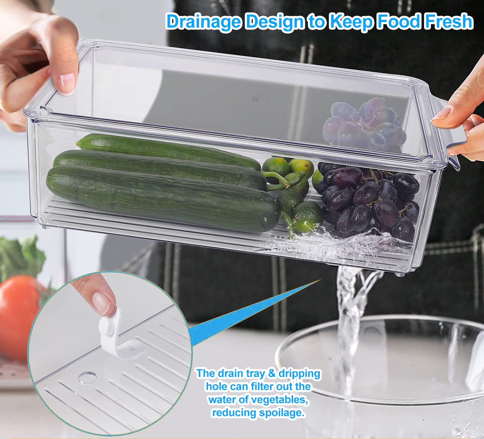 Pure Future 10-Pack Clear Fridge Organizer Containers with Lids, Stackable BPA-Free Refrigerator & Produce Storage Containers with Drain Tray & Anti-Slip Base for Fruits, Veggies & Drinks
