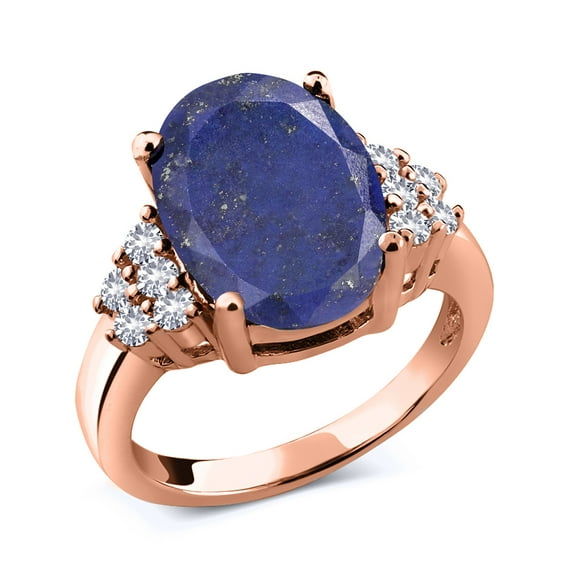Gem Stone King 4.40 Ct Oval Blue Lapis White Created Sapphire 18K Rose Gold Plated Silver Ring (Size 5)