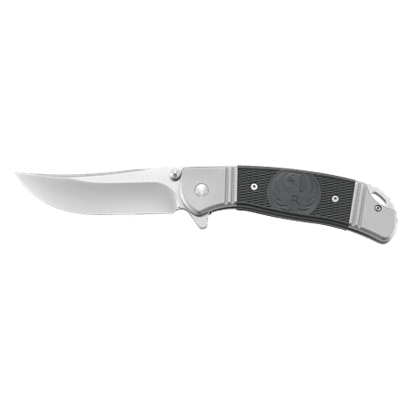 CRKT Ruger Hollow-Point +P R2301 Folding Knife with Satin Finish 8Cr13Mov Plain Edge Clip Point Blade with Brushed Stainless Steel Double Bolster Handle with Black Glass-Reinforced Nylon Handle