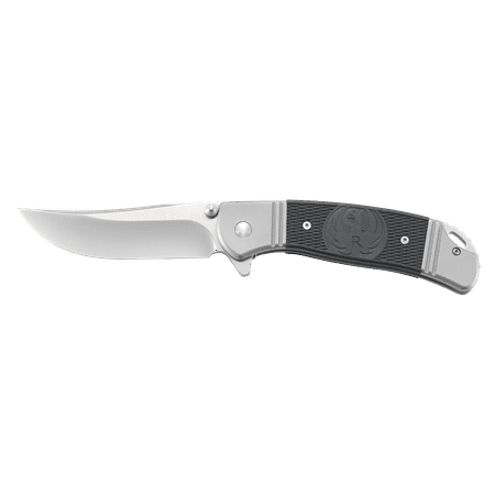 Crkt Ruger Hollow-Point +P R2301 Folding Knife With Satin Finish 8Cr13Mov Plain Edge Clip Point Blade With Brushed Stainless Steel Double Bolster Handle With Black Glass-Reinforced Nylon Handle Inlays