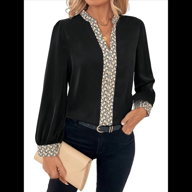 Blusa de Larga con Cuello en V para Mujer, Camisa Informal de Trabajo y Negocios Negro L