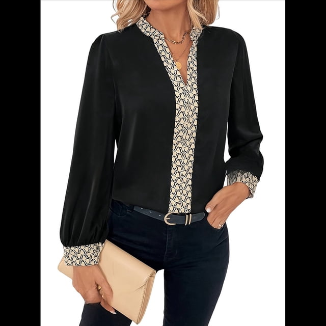Blusa de Larga con Cuello en V para Mujer, Camisa Informal de Trabajo y Negocios Negro XL