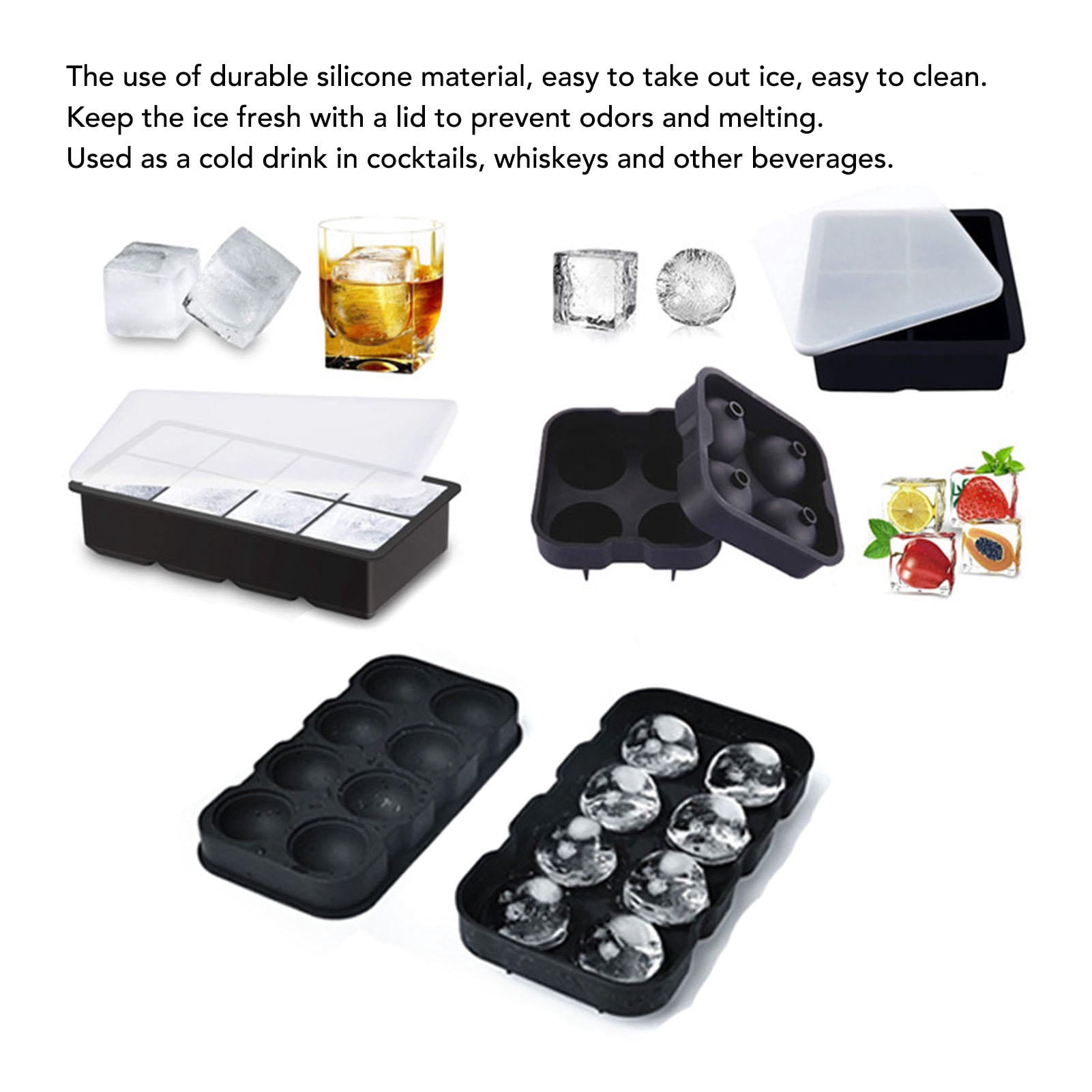 BOKYAN Large Silicone Ice Cube Tray Set – 8 Ball & 4 Square Molds with Lid for Cocktails, Whiskey & Home Bar Use